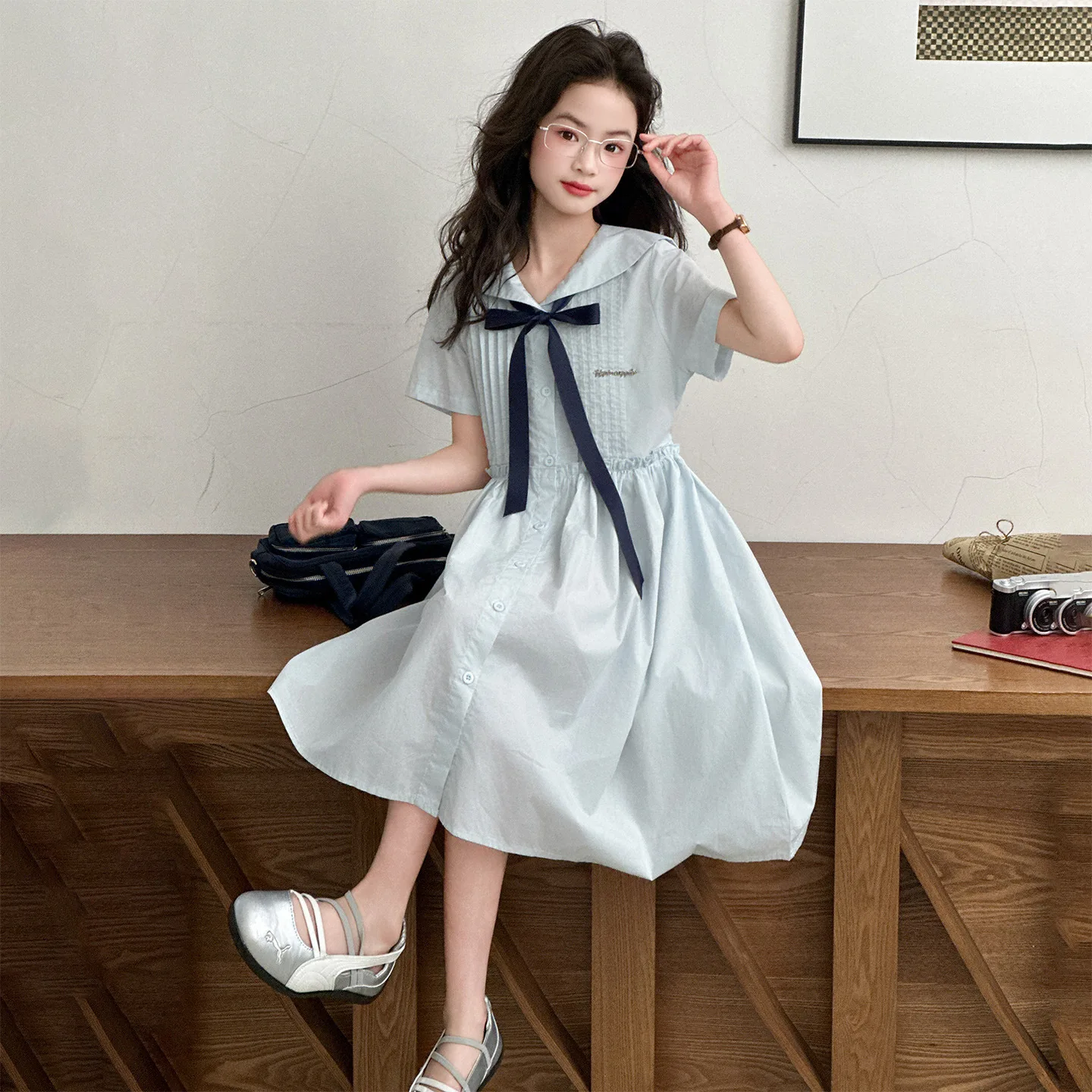 2026 Summer Dresses White kid baby party mesh princess Girls Mid Long JK bow sailor collar teens dress 4 6 8 to 10 12 14 Years