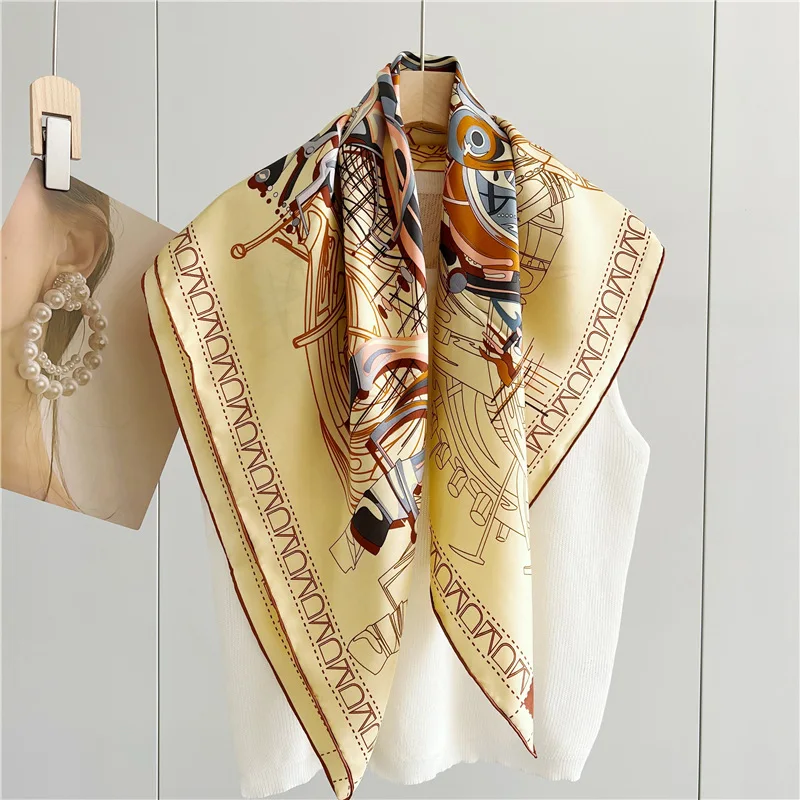 14mm Silk Scarf Women Square Bandanas Handrolled Edges Scarves Luxury Designer Foulards 90cm Hair Bag Accessories Horse Print