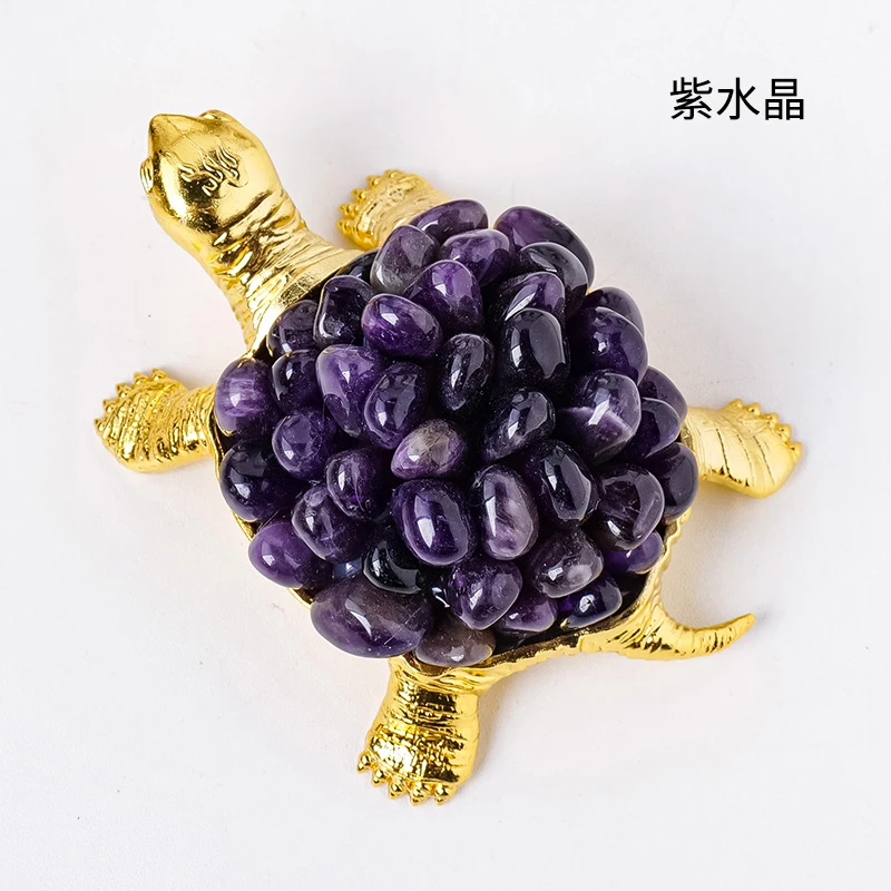 Natural Crystal Raw Stone Rolling Stone Turtle Ornament Alloy Base Longevity Turtle Home Decoration Ornament
