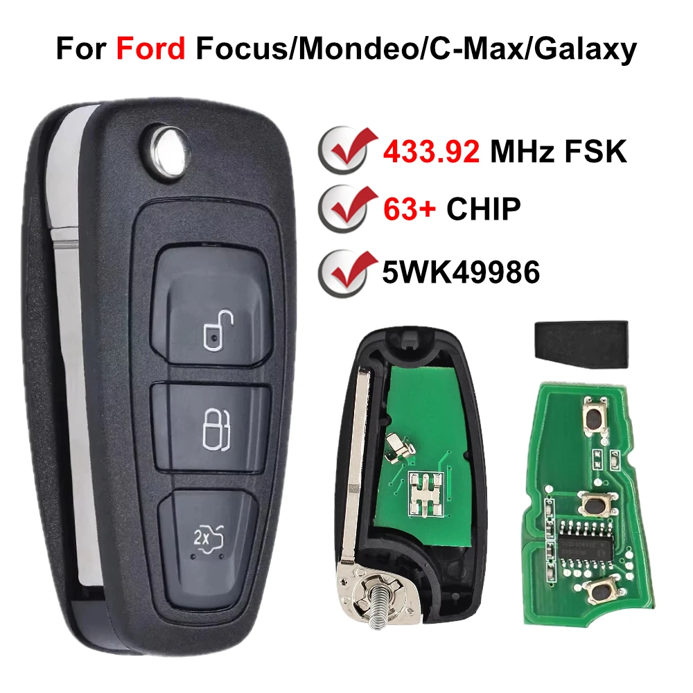 3 Button 433Mhz 4D63+ Chip 5WK49986 Flip Remote Car Key For Ford Mondeo/Focus/C-Max/Grand C-Max/Galaxy/S-Max 2010-2013