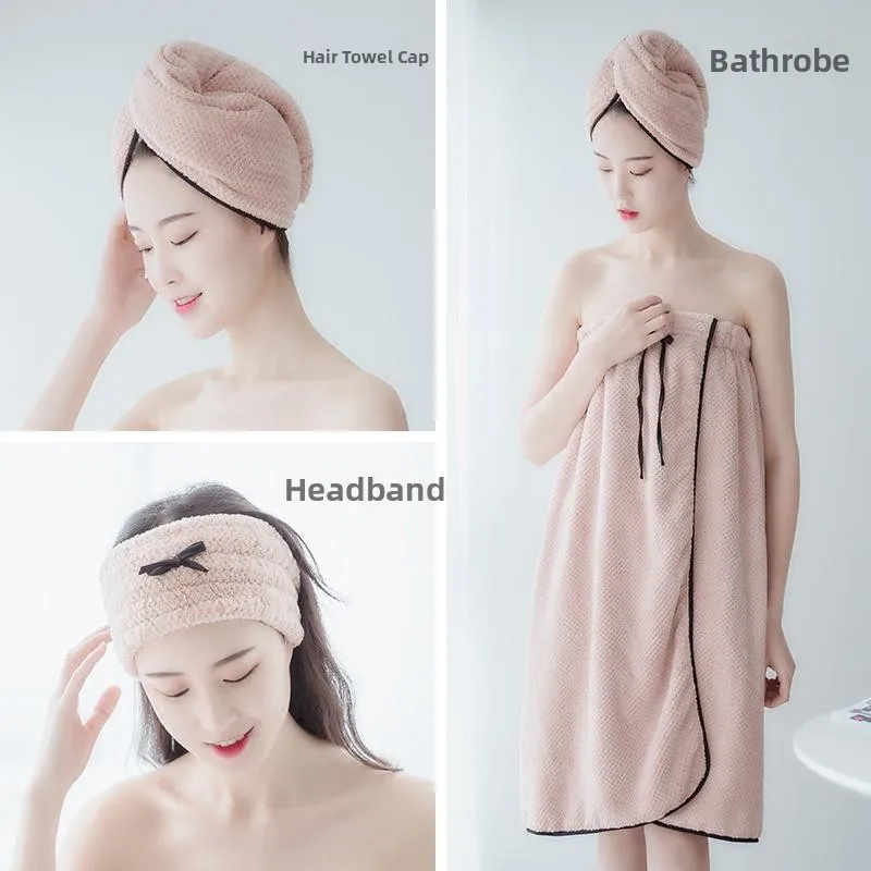 

Women's Bath Towel Set Cute Student Tee-Piece Set Wraps Hair Cap Scarf Versatile Bath Skirt Lovely Design Linen Fabric