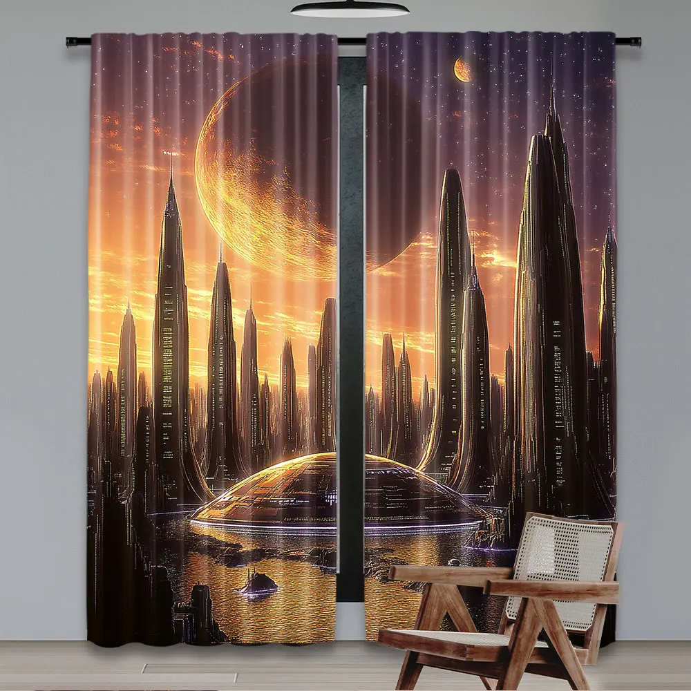 2Pcs Alien City Curtain Skyscraper Fantasy City Skyline Futuristic Alien Planet Birthday Party For Living Room Bedroomdecor