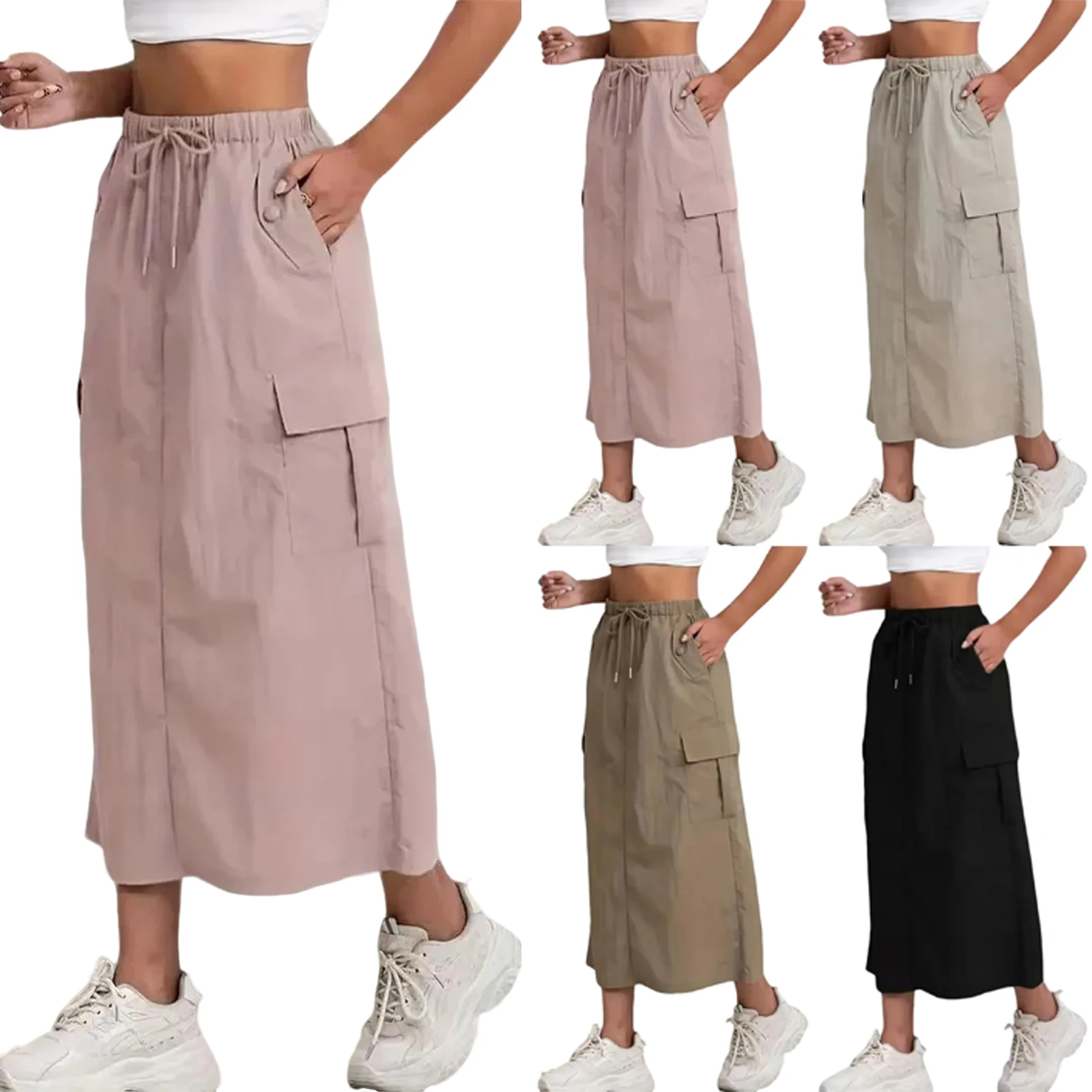 

Women Minimalist Solid Color Skirt Popular Casual Drawstring Elastic With Pocket Skirt Female Daily Graceful Comfort Wearing