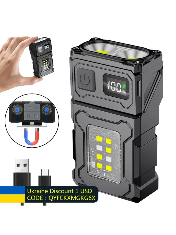 Mini lanterna led recarregável usb, lanterna portátil com ímã traseiro, super brilhante,