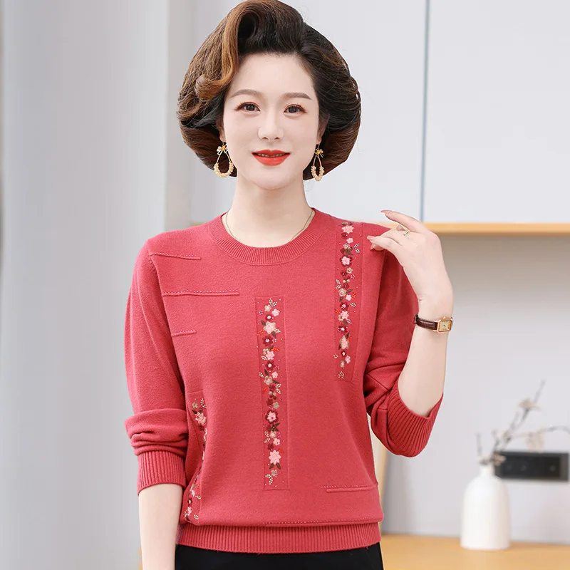 Autumn Winter Pollovers Women Bottoming Top Commuting O Neck Versatile Middle Aged Mother Knitted Long Sleeve Basic Sweater