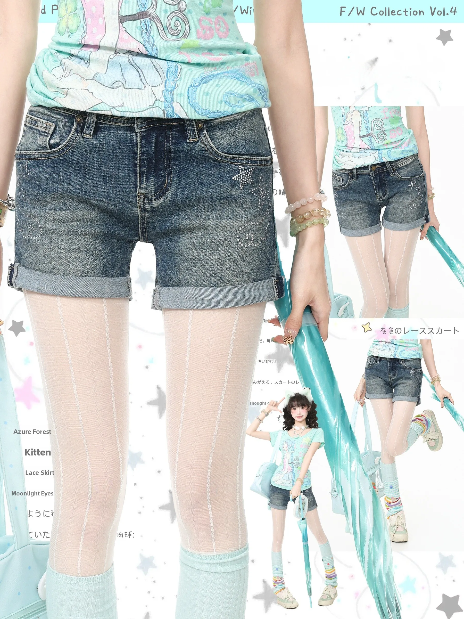 

Retro Straight Leg Denim Shorts Women's Summer Skirt Pants Blue Cotton Embroidered Star Glittering Drill Comfortable Fit Jeans