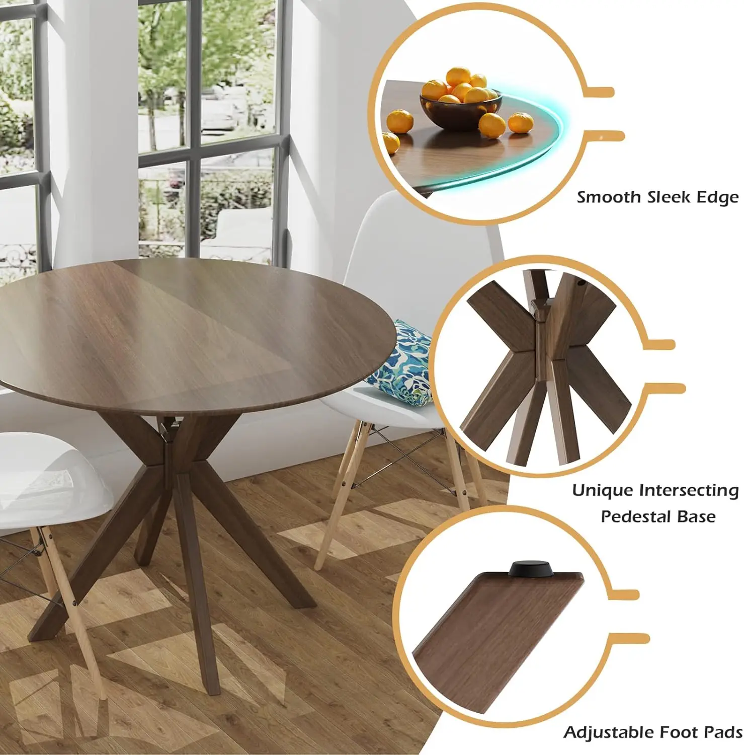36' Round Wood Dining Table, Farmhouse Kitchen Table with Intersecting Pedestal Base, Solid Rubber Wood Legs, Brown