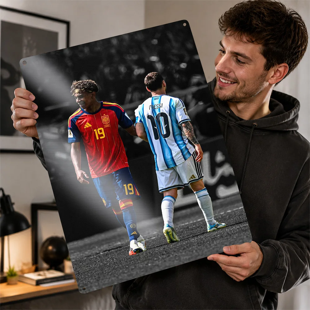 Lamine Yamal and Lionel Messi Metal Poster Perfect Gift for Fans Lovers Customized Wall Art Metal Sign for Article Decoration