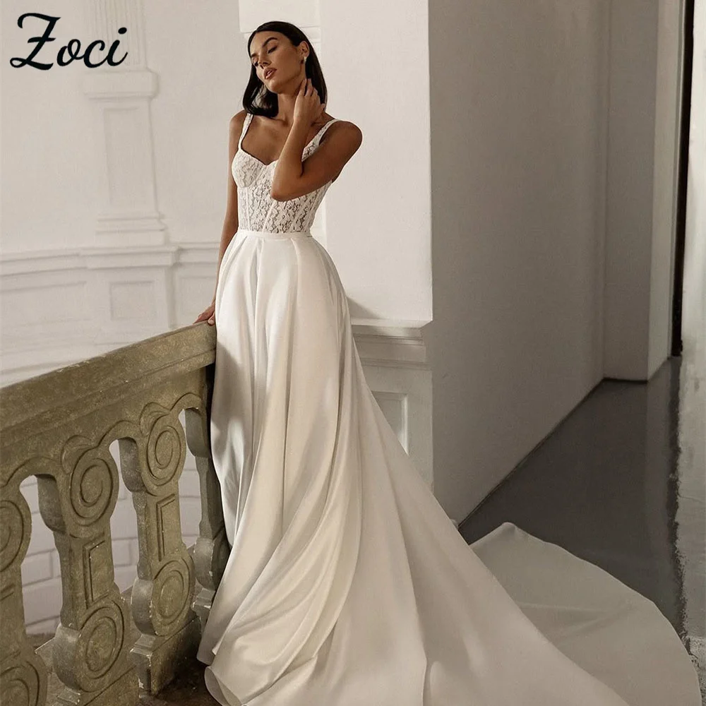 

Zoci Luxury Satin Wedding Dresses Sleeveless Lace Wide Straps Satin Draped Bride Dress Customized Backless Beach Bridal Dress