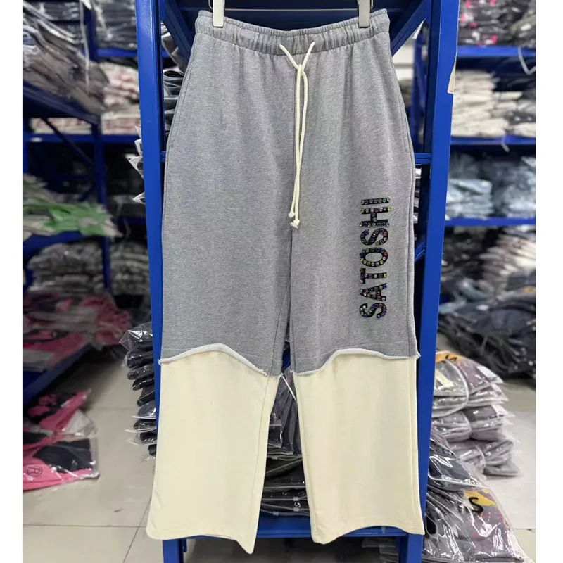 Streetwear Style Wide Leg Satoshi Nakamoto Pants Color Rhinestone Letter Decor Spliced Drawstring Loose Casual Pants Men Women