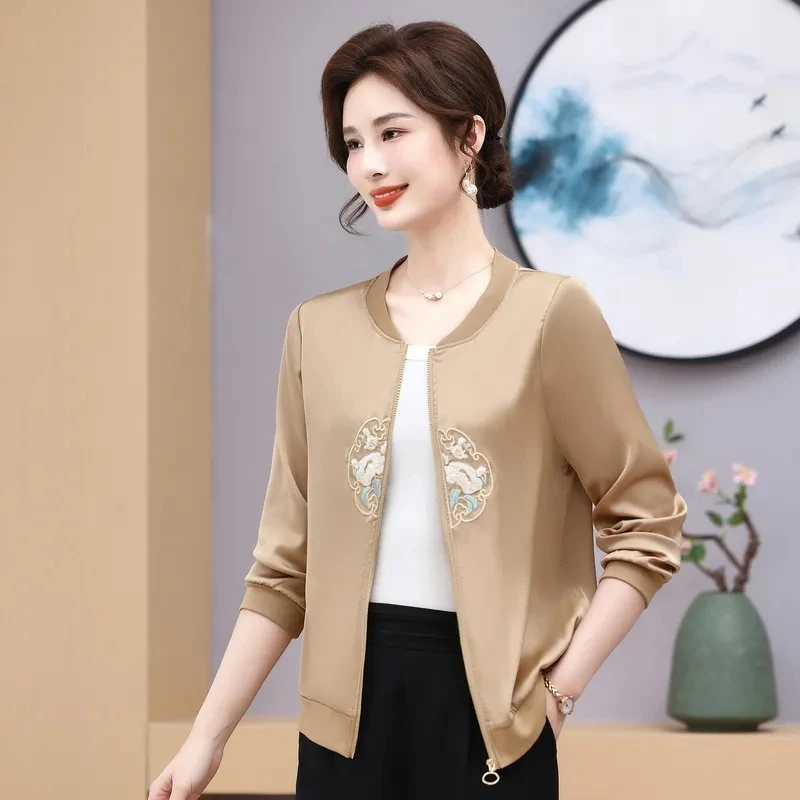 2024 Spring Autumn New Women's Jacket Satin Embroidered Coat Western Style Round Neck Sweet Outwear Fashion Female Overcoat Tops