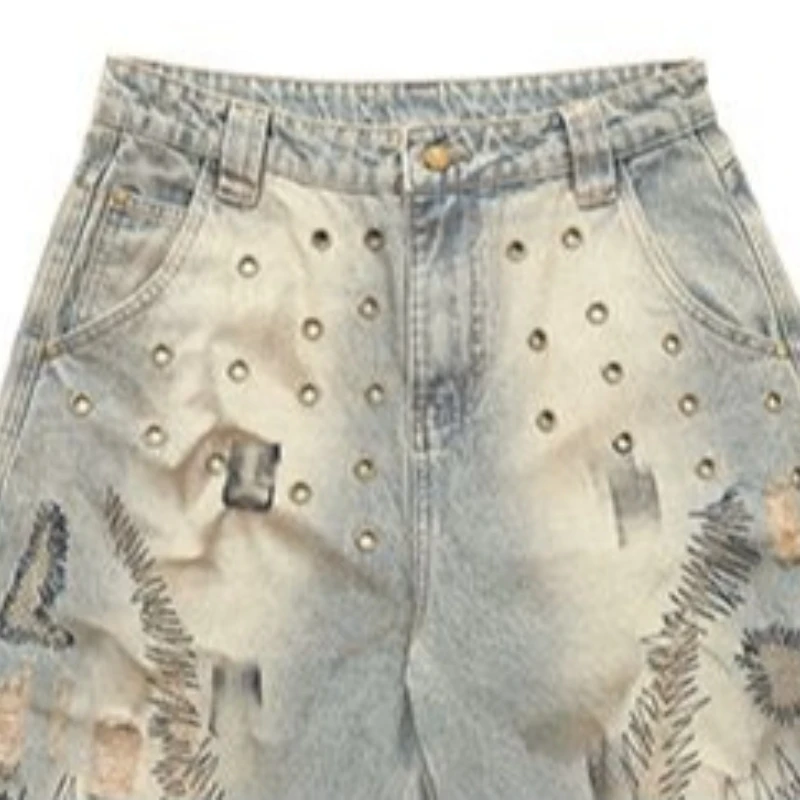 Vintage Distressed Grunge Jeans Unisex Embroidery Ripped Wide Leg Denim Y2K Dirty Washed Baggy Streetwear Trousers Harajuku Tiki