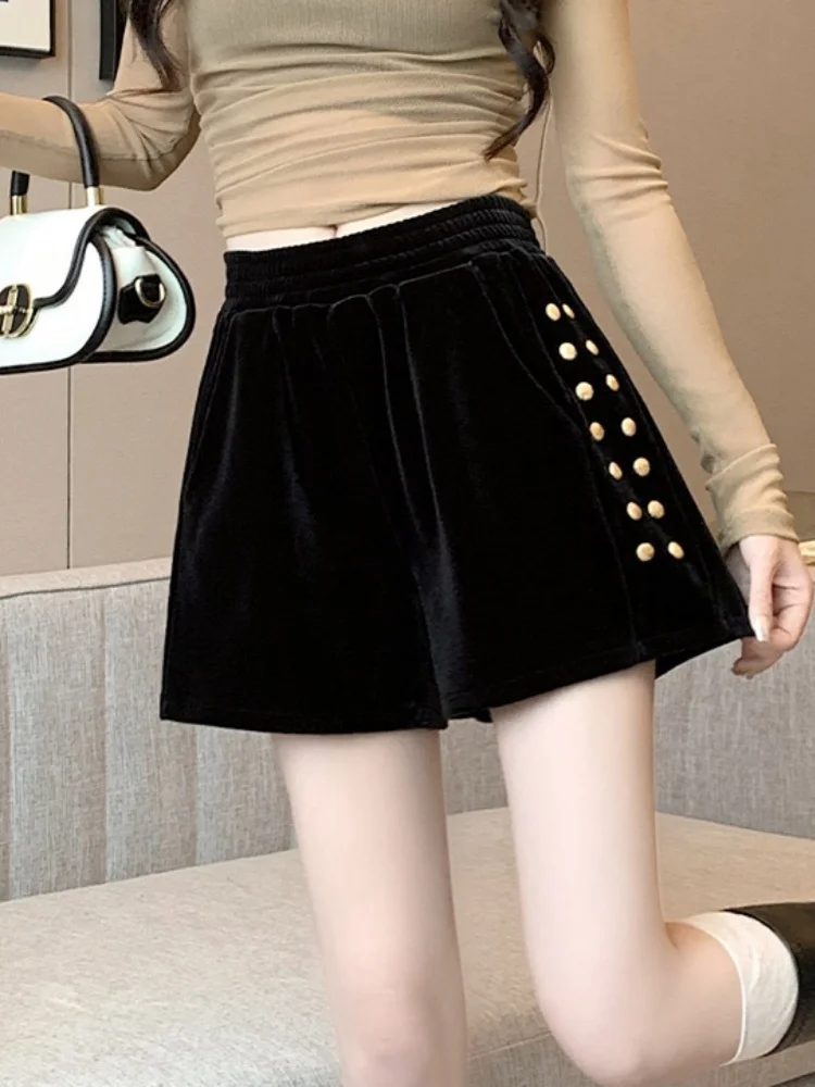 SMTHMA 2025 New Autumn Winter Korean Fashion Slimming Velvet Elastic Waist Wide Leg Shorts Women's Golden Decoration Boots Pants