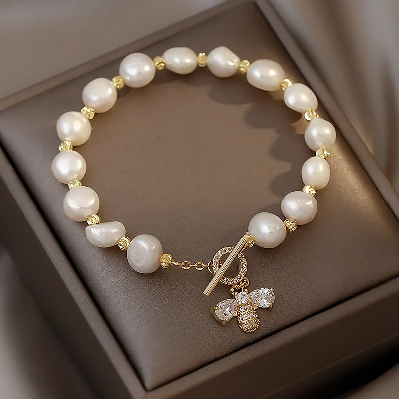 

Best Sell Sweet Honeybee Shiny CZ Zircon 14K Gold Filled Natural Freshwater Pearl Ladies Charm Bracelet Jewelry For Women Gifts
