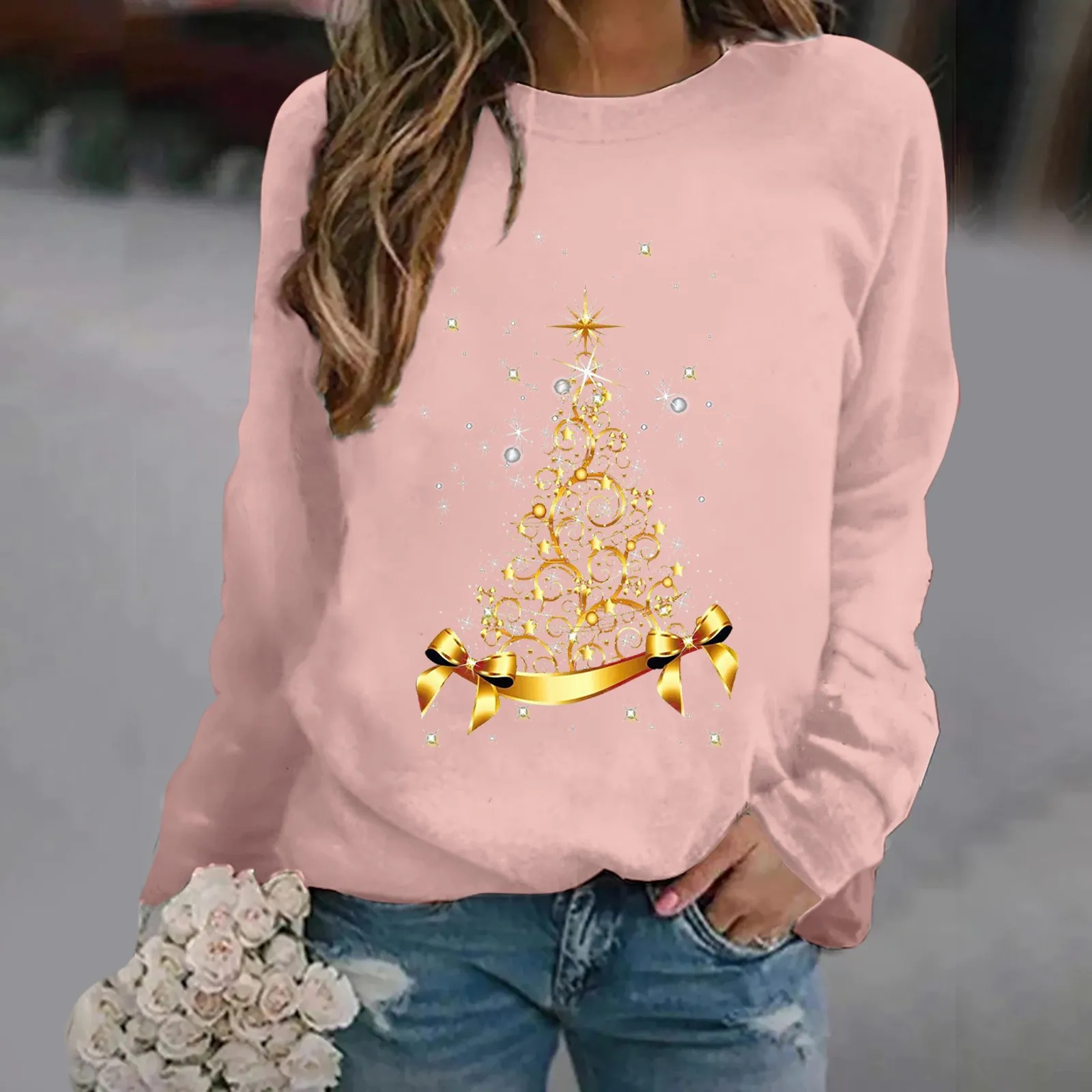 2024 Women'S Warm Round Neck Long Sleeved Solid Golden Christmas Treeprinted Hoodie Comfortable Everyday Sweatshirt