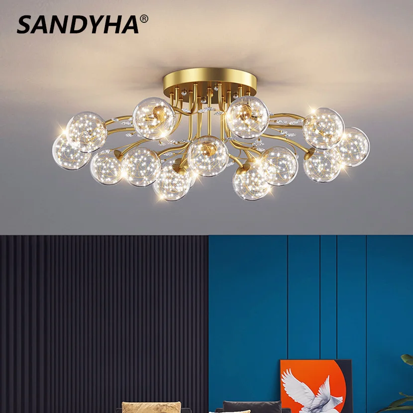 SANDYHA LED Ceiling Chandeliers Clear Star Milk White Glass Ball Lamp with Crystal Living Dining Room Decor Pendant Lightings