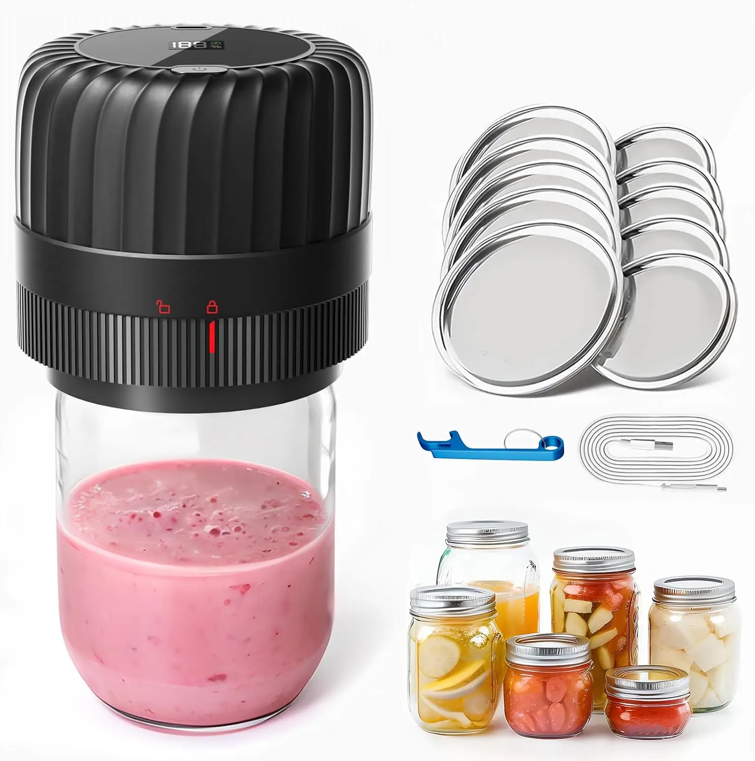 

Electric Vacuum Sealer Kit for Mason Jars, Includes Lids & Opener, Wide & Regular Mouth