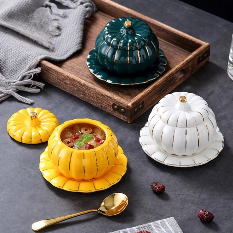 

High-end Gold Pumpkin Shape Ceramic Soup Bowl with Lid Small Rice Bowl Kitchen Tableware Fruit Salad Bowl Dessert Soup Bowls