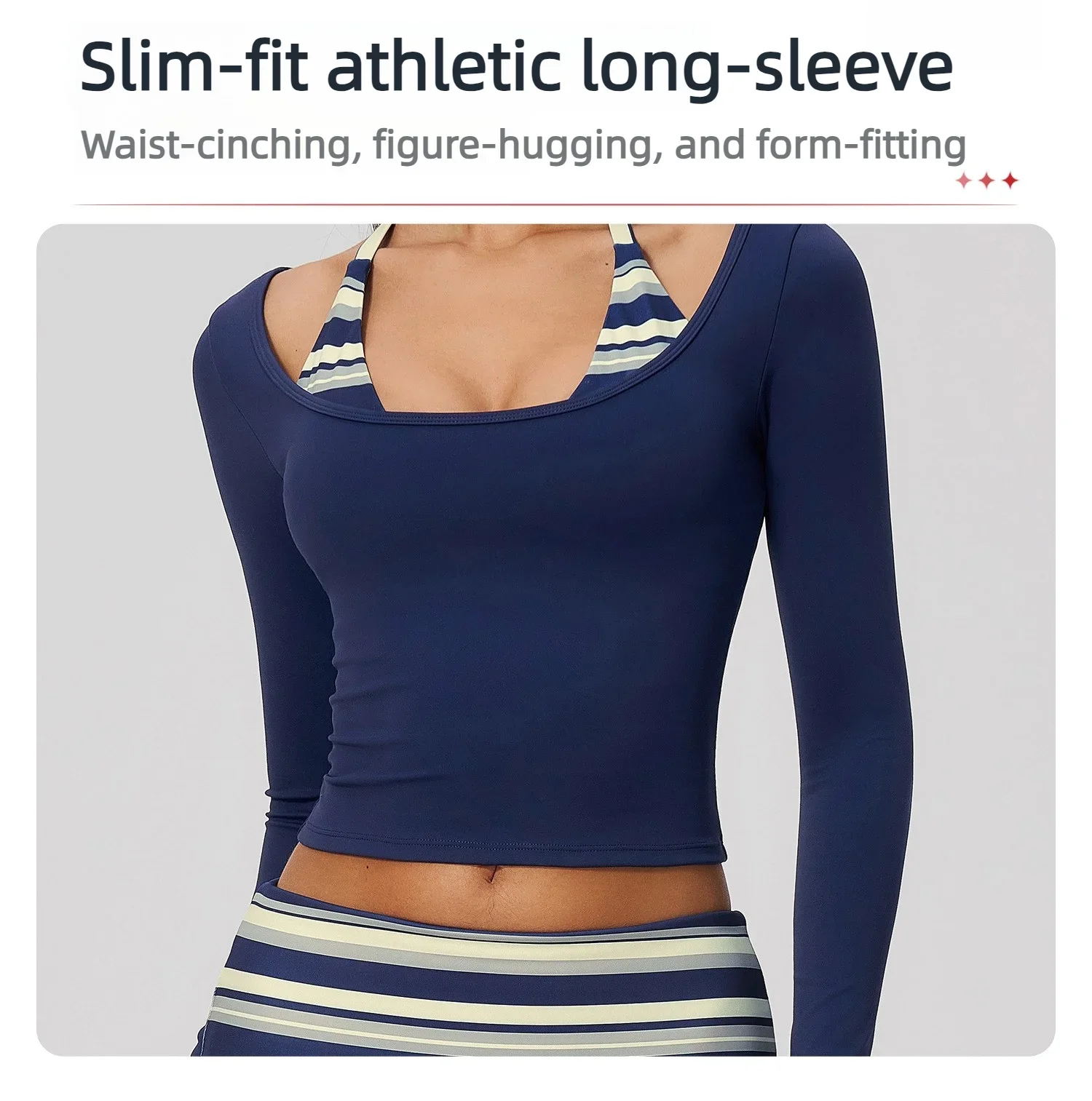 Yoga Langarm-Fitness-Top, Gym-Workout, Damen-Top mit Neckholder, Streifenmuster, kurzes, aktives Shirt, atmungsaktiv, für Sport und Training – Detail 2