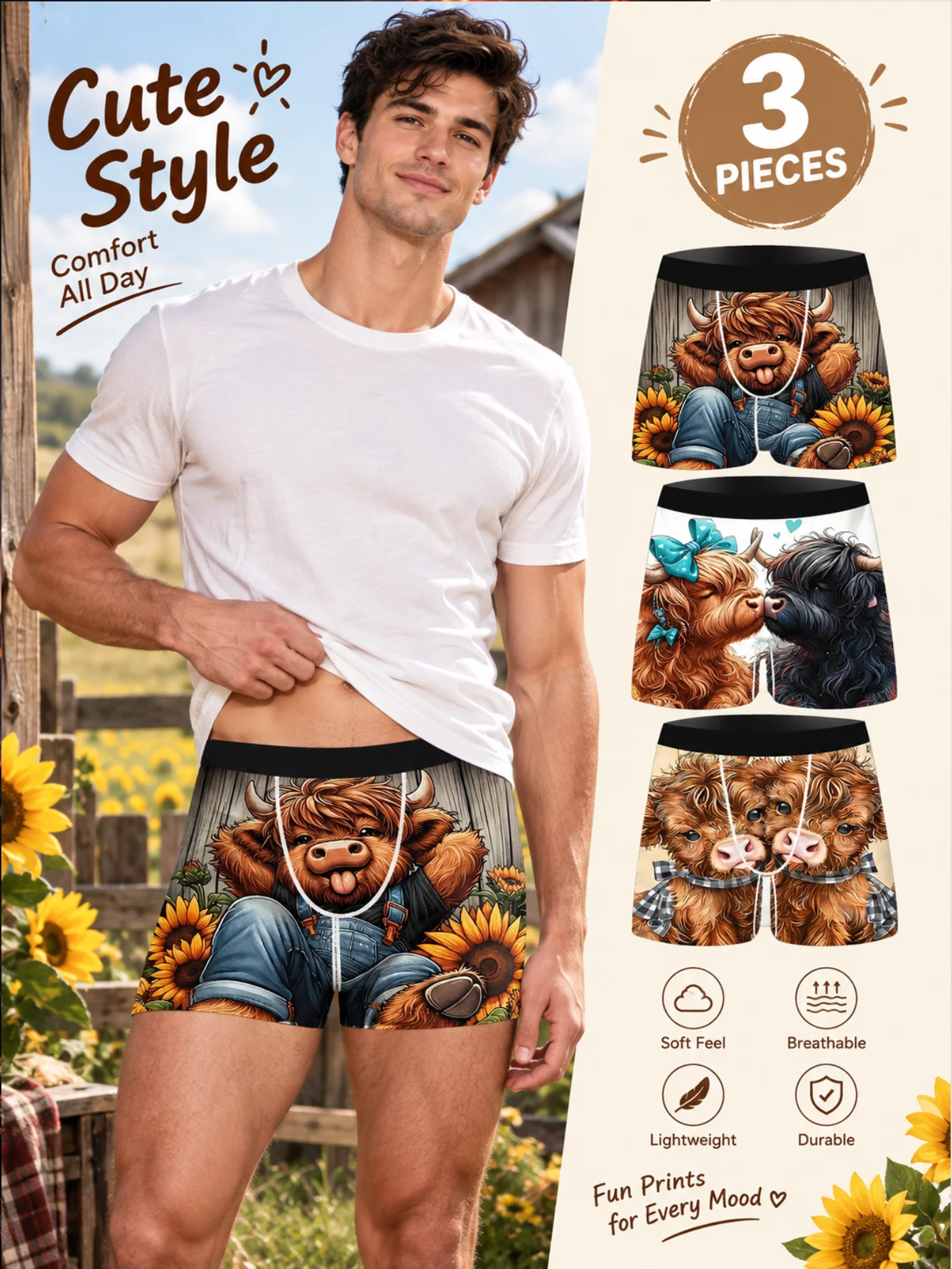 3PCS Men Underwear Cute Cartoon Highland Cow Sunflower Printed Boxer Briefs Soft Stretch Breathable Shorts Novelty Gift