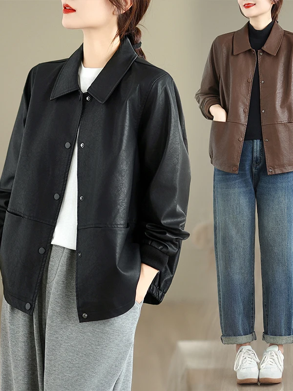 Cool Black Leather Jacket Soft PU Brown Flip-Collar Windproof Long Sleeve Coat for Women Fashionable Commute Style Casual Wear