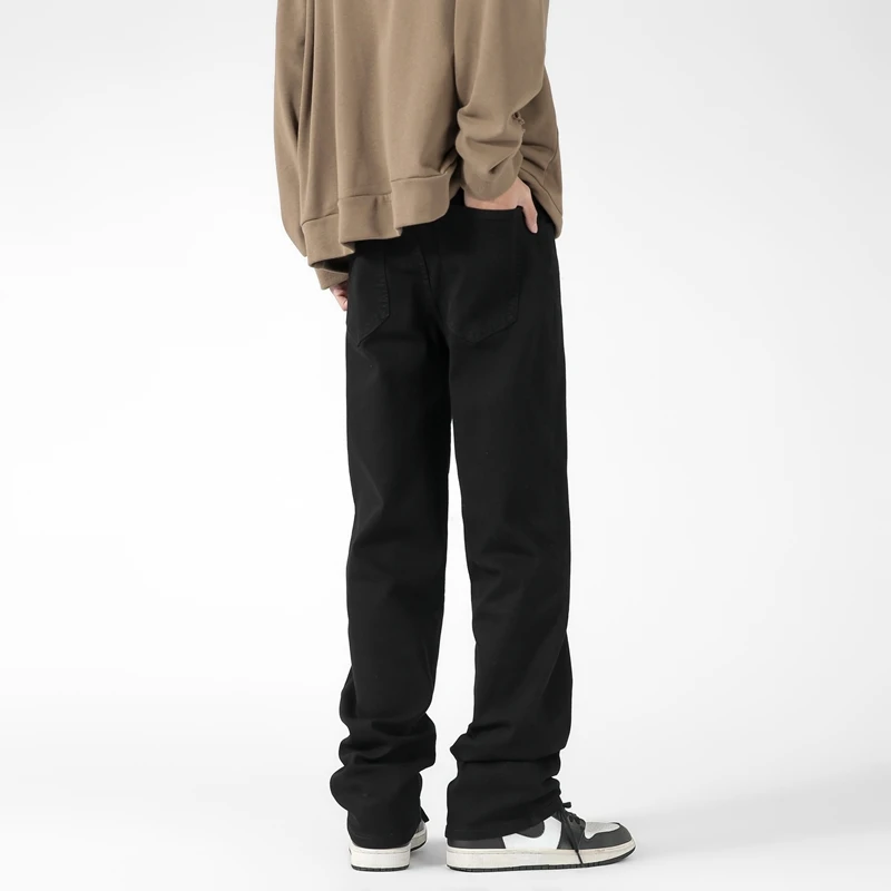 2025 الكورية الخريف جينز بسيط الرجال بلون جميع الأسود عادية السراويل الفضفاضة مستقيم واسعة الساق سراويل جينز الذكور طويلة #4