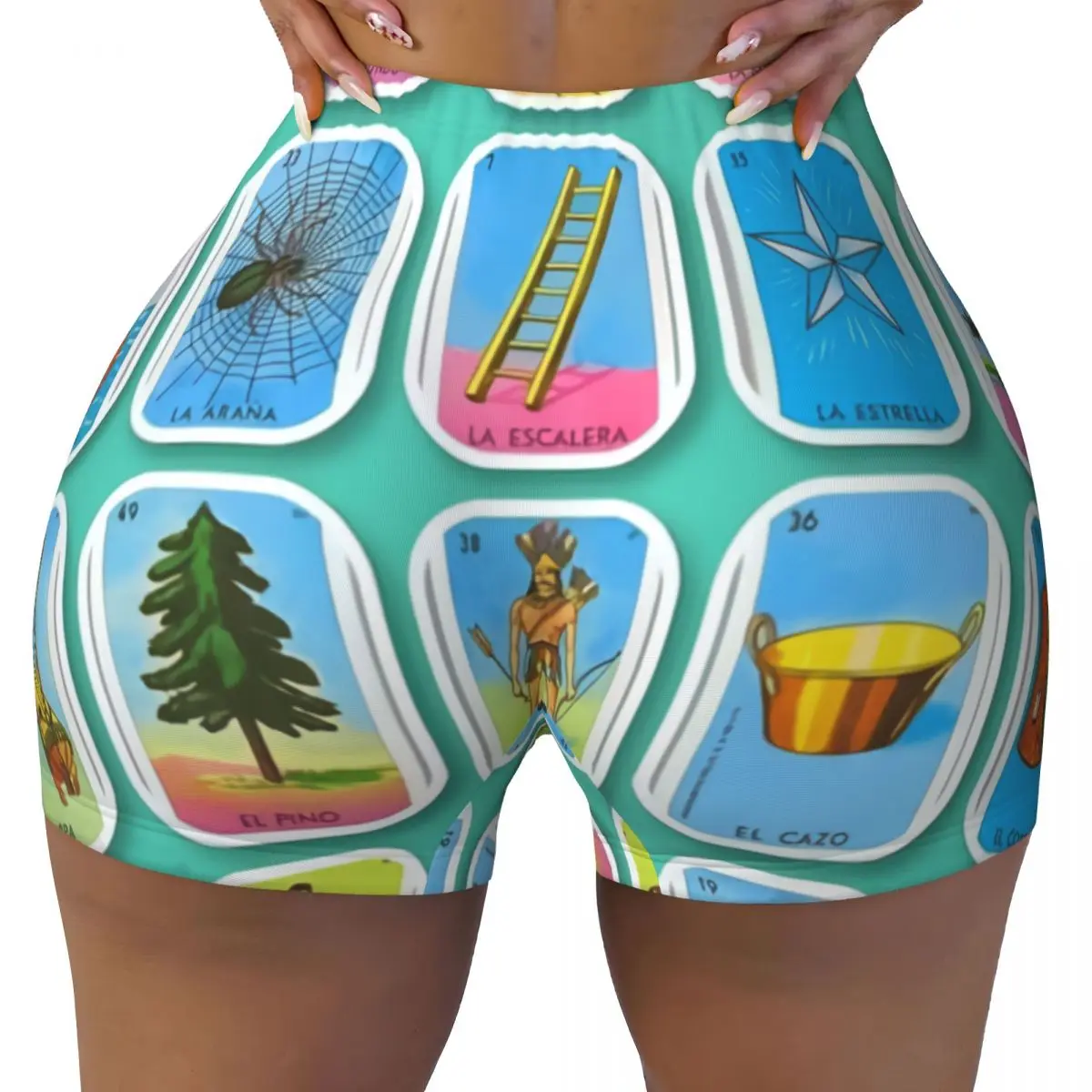 Custom Loteria Card Mexican Bingo Lottery Gym Volleyball Biker Shorts Women's Workout Yoga Shorts