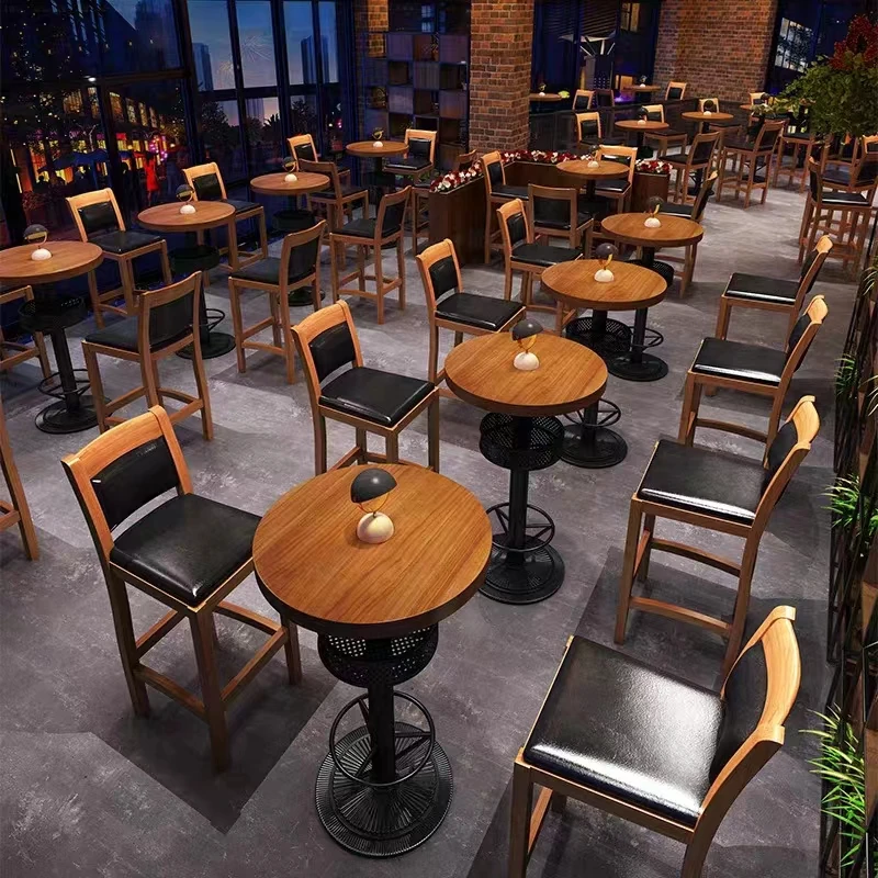 

wooden high pole stool chair Modern classic industrial style bar furniture storage high pole round table chair set
