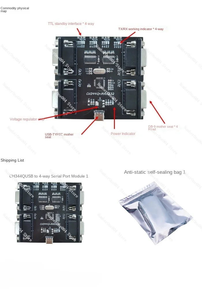 USB to 4-way RS232 Serial Port TTL Multiple Serial Port to High-speed CH344Q Module MAX232 Burning Without Drive