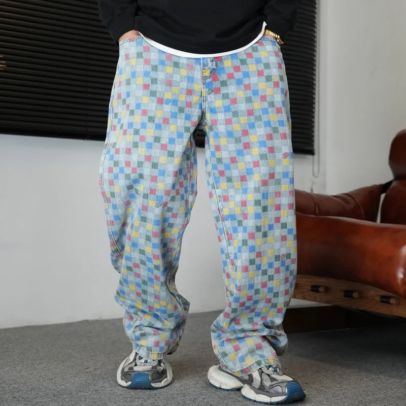 

2025 new small grid jeans men's fashion street hip hop trendy printed straight tube loose high street wide leg pants