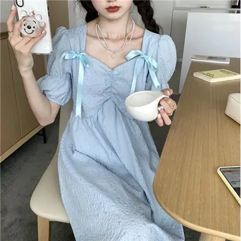 2025 New Summer Bubble Sleeve Princess Dress with Bareback Bow Strap Fairy Dress