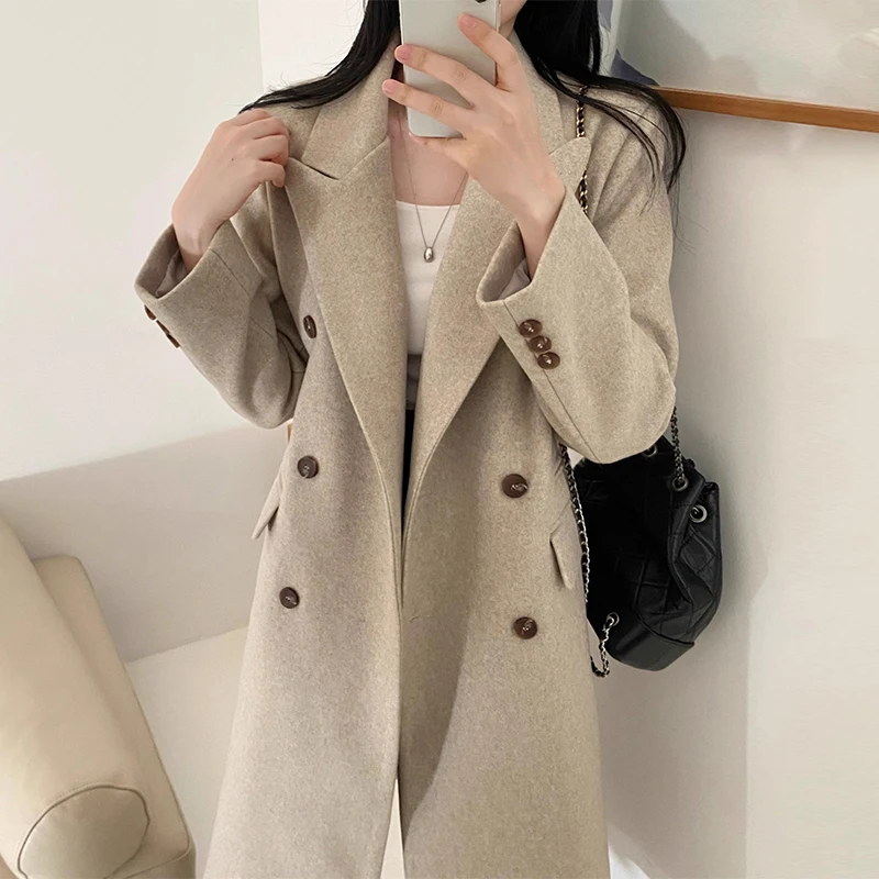 

TPJB Korea Chic Women Jackets Autumn Winter Wool Blends French Suit Collar Double Breasted Loose Long Woolen Coat Woman