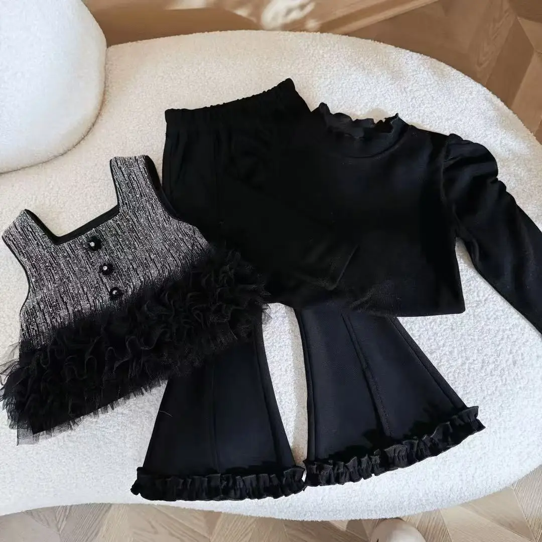 

Girls' Spring and Autumn Suit 2025 New Girls' Autumn Fashionable Vest Flared Pants Three-piece Set Trendy