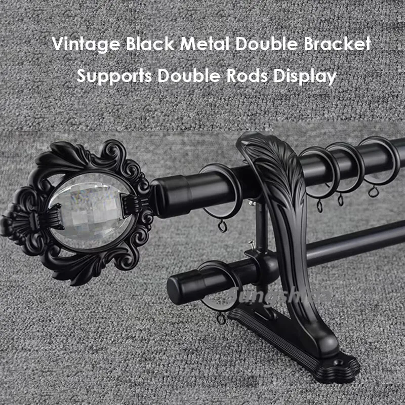 Sungshida 4Pack Black Double Curtain Rod Bracket Holder Vintage Drapery Rod Double Bracket Hook Hanger For 25-28mm Dia. Rods