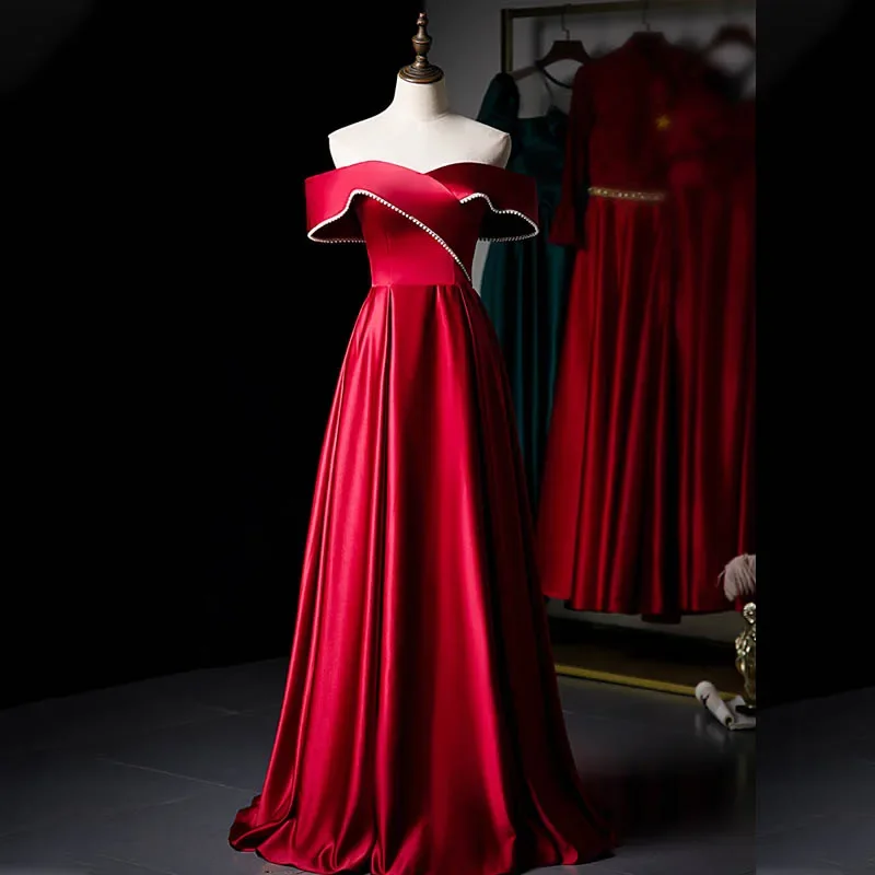 

Вечернее платье по индивидуальному заказу, бордовое атласное платье с оборками и открытыми плечами, трапециевидной формы длиной до пола, вечернее вечернее женское платье больших размеров B1575
