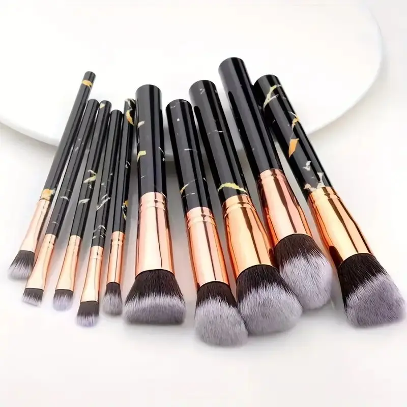 10 Pcs Marble Makeup Brushes Premium Synthetic Kabuki Foundation Blending Face Powder Blush Concealers Eye Shadows Brushes