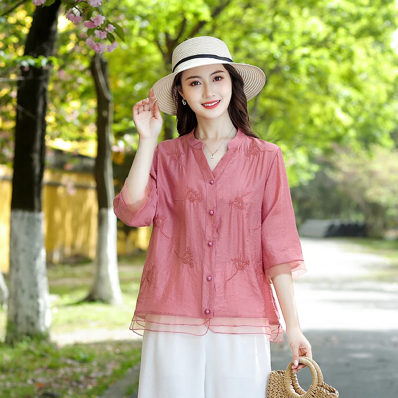 

Женская блузка с цветочной вышивкой, большие размеры, весна/лето, льняная сумка-тоут с поэзией для естественного стиля, новинка 2025, топы