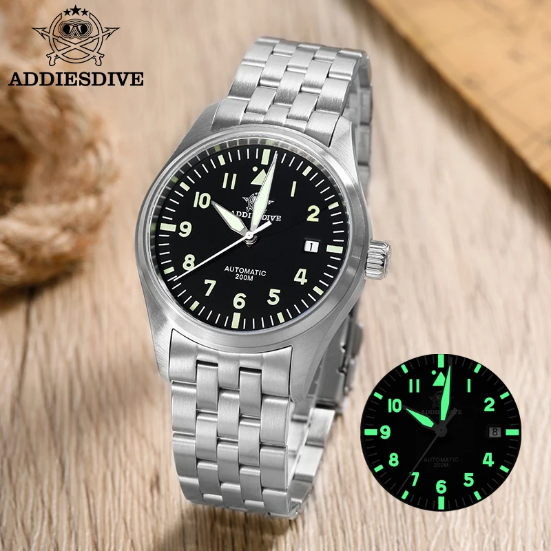 ADDIESDIVE Classic Men\'s watch Sapphire Automatic 8215 Stainless Steel Pilot watch Leather Luminous 200m Diving Dress Watch New