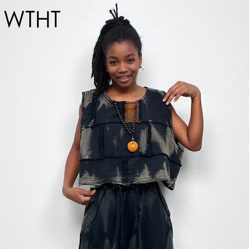 

WTHT винтажный модный женский короткий жилет в стиле пэчворк «Старый галстук-край», осень 2022, модные женские топы без рукавов с круглым вырезом 1LS2549