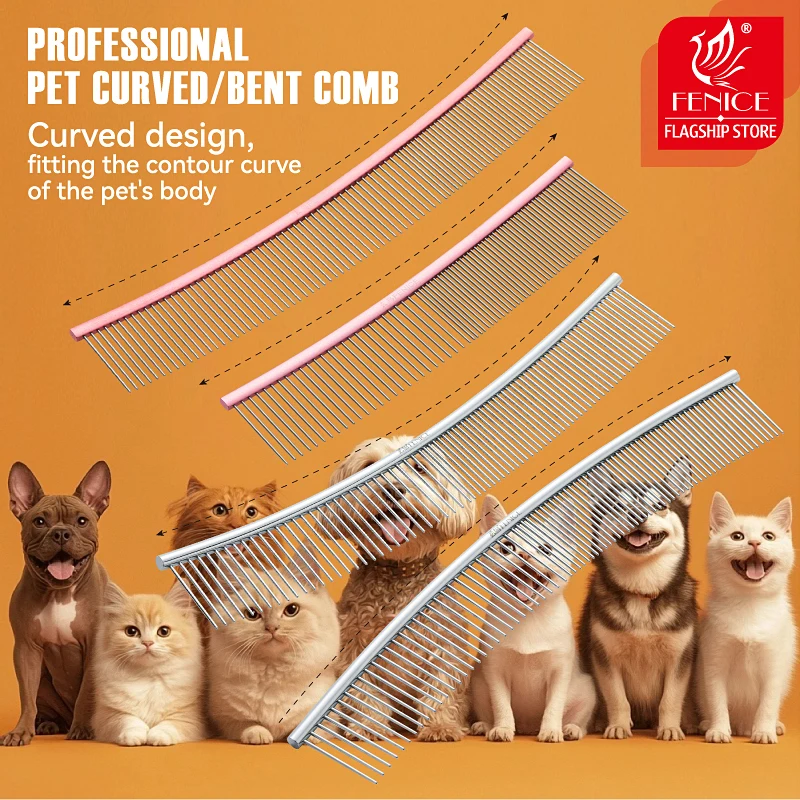 

Fenice Pet Curved Grooming Comb Arc-Shaped Stainless Steel Dense & Sparse Teeth Dog & Cat Brush for Pet Grooming Supplies