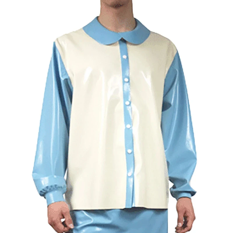 

Lake Blue And White Sexy Latex Pajamas Long Sleeves Turn Down Collar Rubber Shirts Blouses Top Clothes