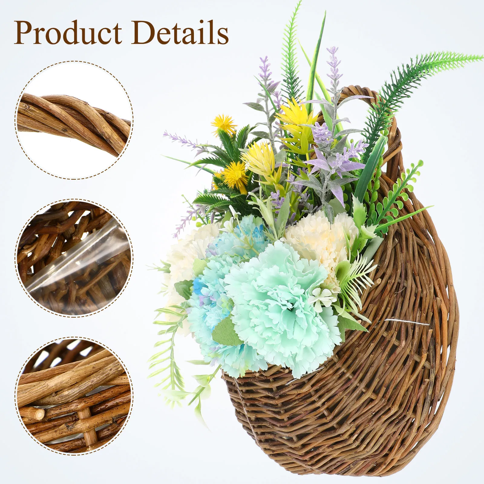 2Pcs Chic Woven Flower Basket Wall Hanging Flower Pot Rattan Hanging Garden Planter for Dried Flowers Plants Home Decoration
