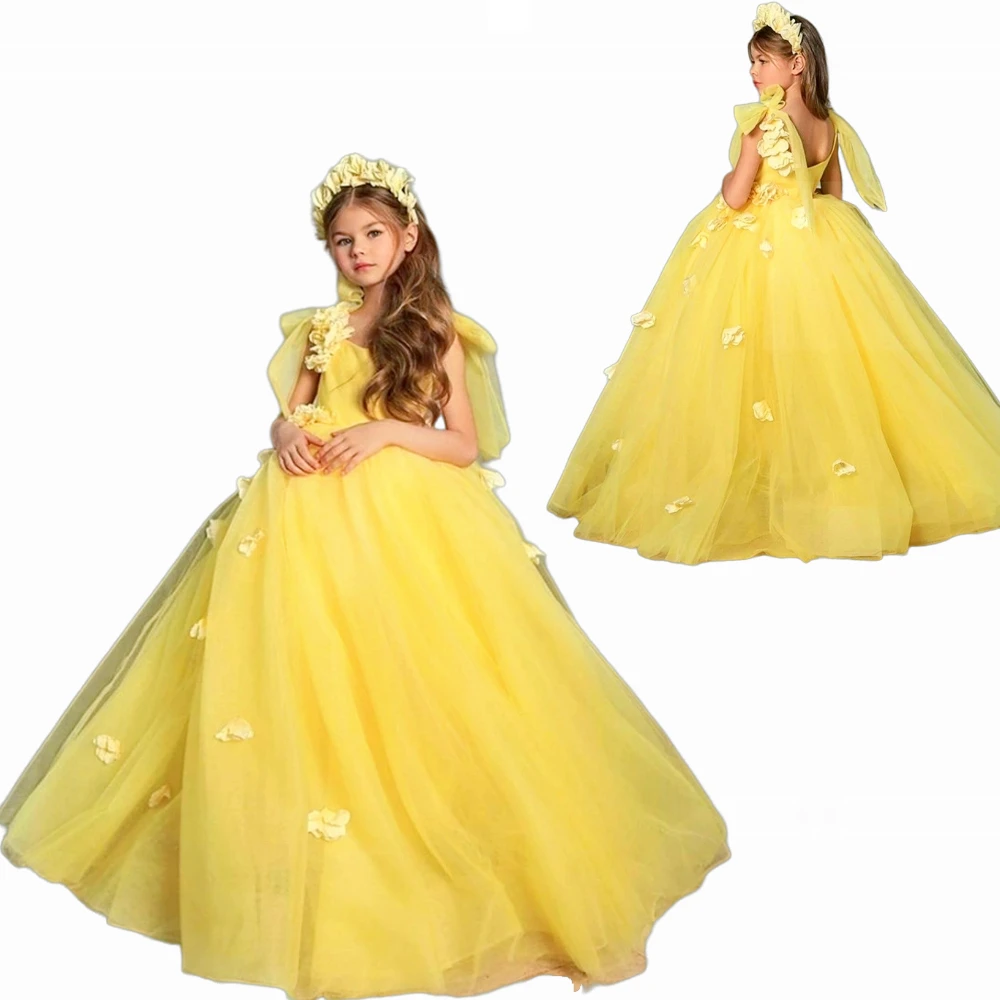 

Elegant Flower Girl Dress YEllow for Wedding Dresse Collar Beading Appliques Princess Party First Communion Ball Evening Gown