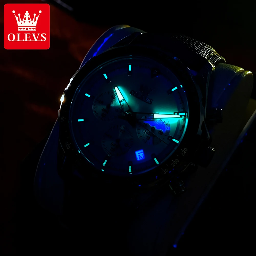 OLEVS أفضل العلامات التجارية ساعات رجالية رياضية موضة أصلية كوارتز ساعة اليد للرجل مقاوم للماء مضيئة مرحلة القمر كرونوغراف التاريخ
