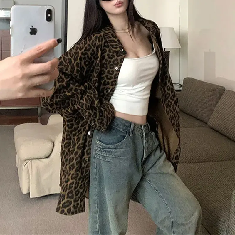 American Retro Leopard Midi Coats 2025 Autumn Winter Long Sleeve Women's Clothing Turn-down Collar Casual Loose Hotsweet Jackets