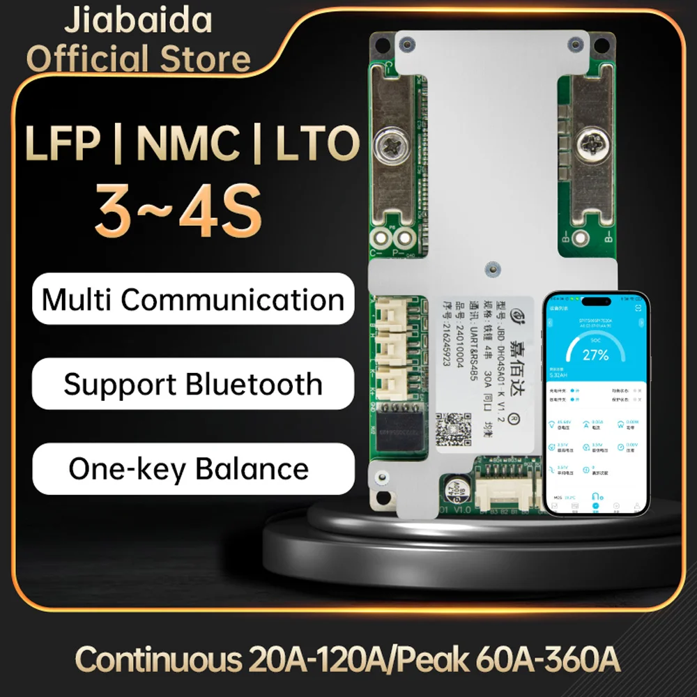JiaBaiDa 3.2V LFP 3.7V NMC Inteligentny BMS 3S 4S 12V 20A 30A 50A 80A z UART RS485 CAN Połączenie Szeregowy