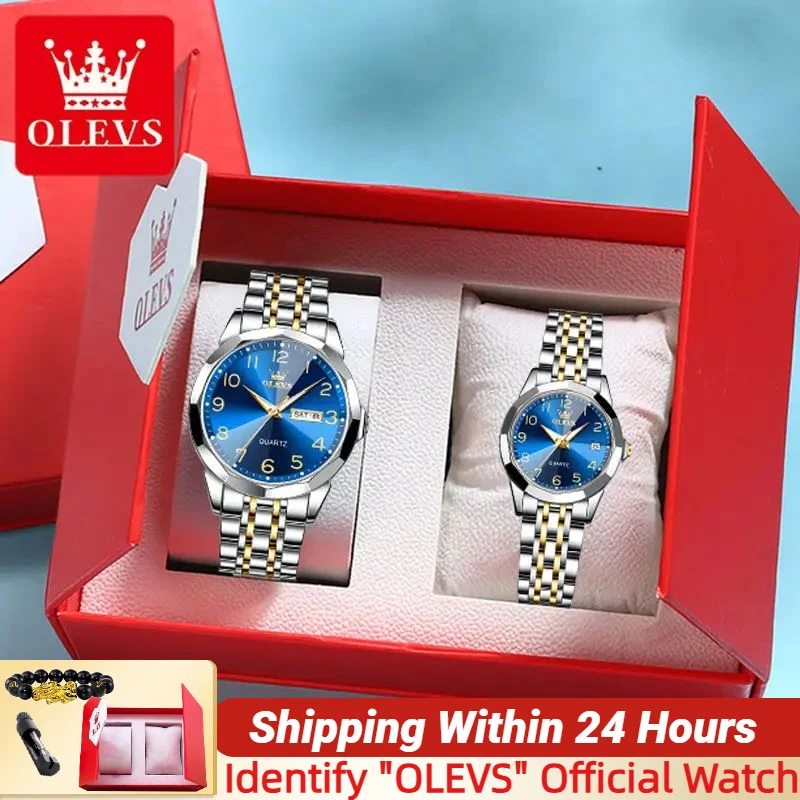NEW OLEVS Original Couple Watch Pair for Men and Women Rhomboid Mirror Waterproof Solid Stainless Steel Lover's Watch Sets Gift