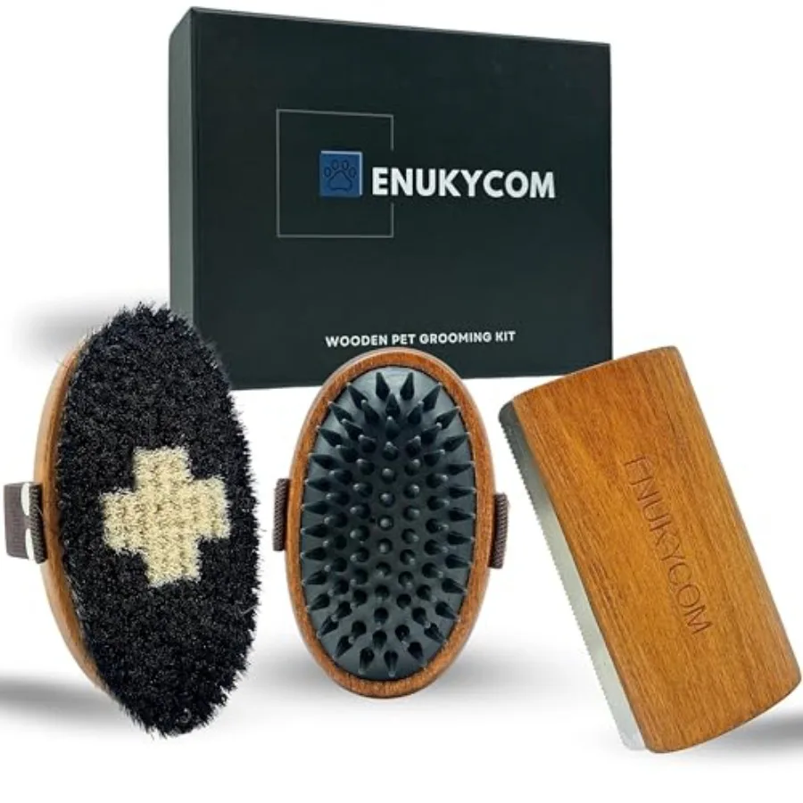 Kit de Aseo para Mascotas de Madera para Perros de Pelo Corto y de Doble Pelaje, Gatos y Caballos - Incluye Cepillo de Cerdas, Cepillos de Masaje y Deslanador