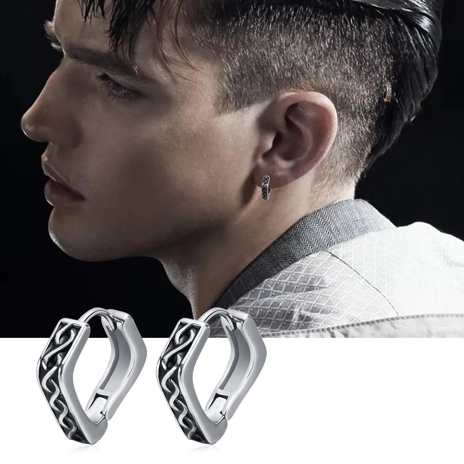 

Stylish Geometric Hoop Earrings for Men, Waterproof Stainless Steel Nordic Viking Rune Almut Rhombic Triangle Huggies Jewelry