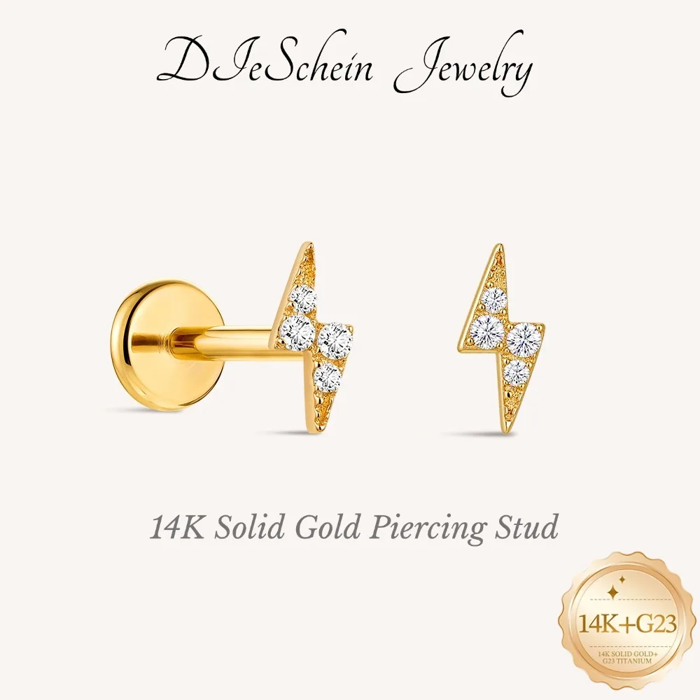 DIeSchein 14K Solid Gold Flat Back Single Stud Earring 5/6/8mm Post Length Tiny Piercing Hypoallergenic Minimalist Gold Earring